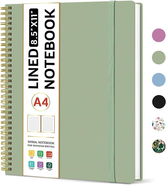 Taja Spiral Lined Notebook, 8.5"x11" Notebooks for Work, Large A4 Journal for Women & Men, College Ruled Journaling Notebook for Writing, Plastic Cover Spiral Journal, Green