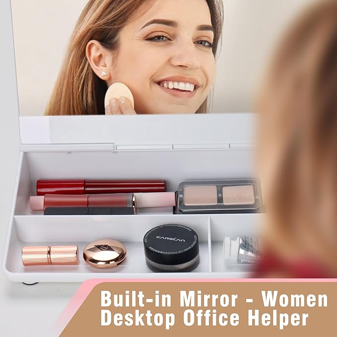 SELEAD Desktop Glass Whiteboard with Organizer & Built-in Mirror, Small Dry Erase White Board Computer Pad Keyboard Stand for Home, School, Office Desk Accessories - White