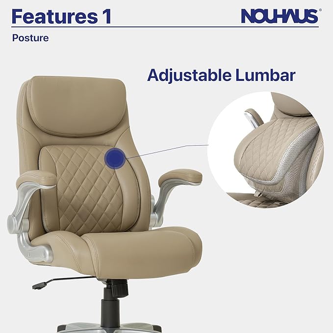 Nouhaus +Posture Ergonomic PU Leather Office Chair. Click5 Lumbar Support with FlipAdjust Armrests. Modern Executive Chair and Computer Desk Chair (Taupe)