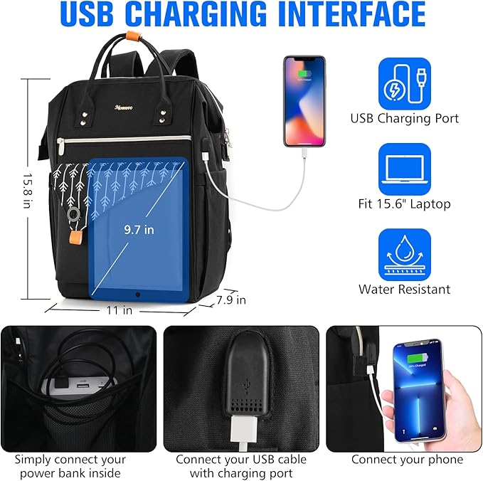 MOMUVO Laptop Backpack for Women, School Backpack 15.6 Inch Notebook Work Backpack with USB Charging Port, Casual Daypack Women College Bookbag for Teacher, Girls, Travel