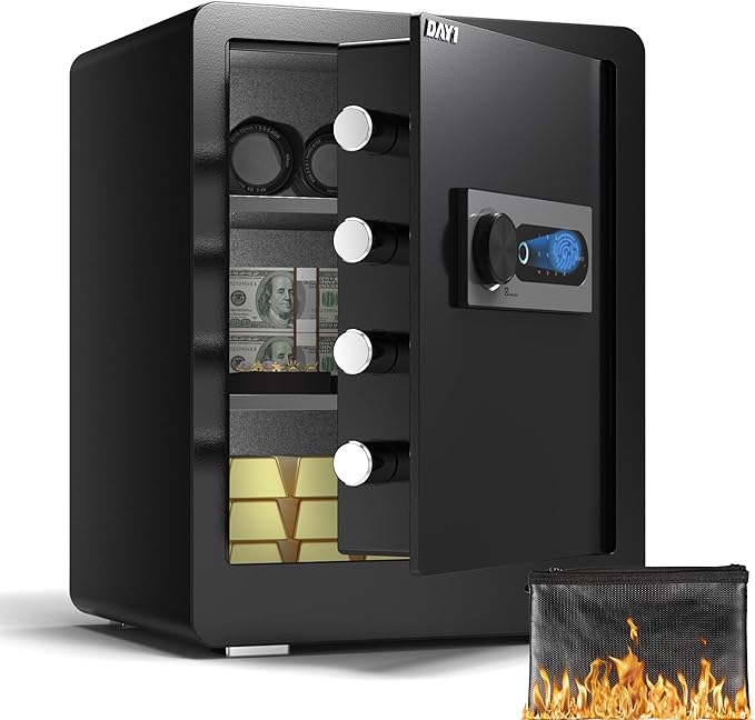 DAYI Biometric Fingerprint Safe Box, 2.0 Cubic Feet Home Safes with Fireproof Bag, Digital Touchpad Security Safe for Money Cash Documents, Dual Alarm System - DF-45 Plus