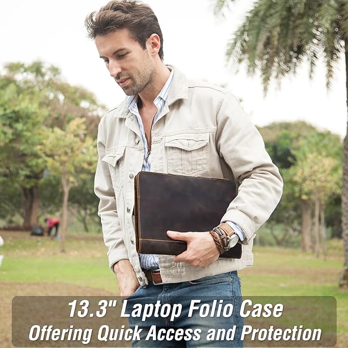 Top Grain Leather 13.3" Slim Laptop Folio Case Protector, Vintage Open Style, Fully Handmade, Compatible with MacBook Pro 13.3" MacBook Air 2022 DELL XPS 13" & Other PC, Coffee 13.3 Inch