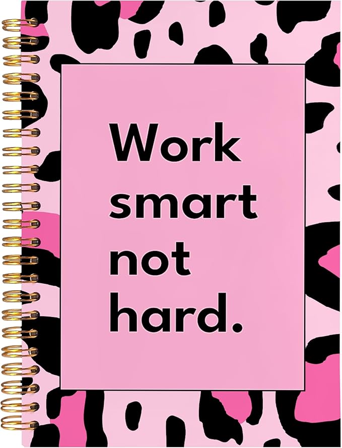 BearCake Hot Pink Leopard Preppy Notebook, Leopard Print Gifts for Women, Preppy Journal, Work Smart not Hard Hardcover Spiral Notebook 5.5x8.3, Leopard Print Office Supplies