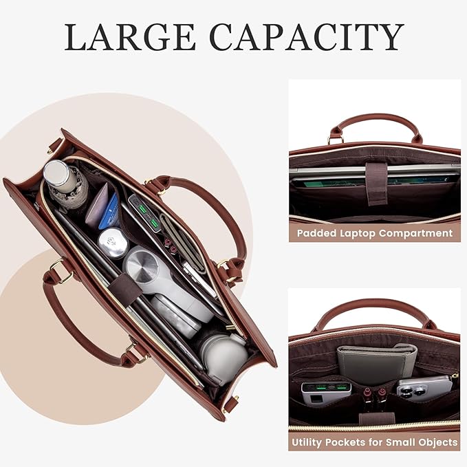 LOVEVOOK Laptop Tote Bag for Women, 15.6 inch Work Bag Purse, Waterproof Leather Women Business Office Briefcase, Beige-Brown