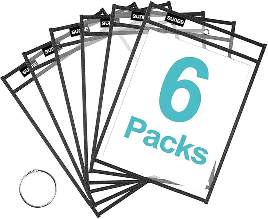 SUNEE 6 Packs Oversized Reusable Dry Erase Pocket Sleeves with Ring, Black 10x14 Ticket Holders, Clear Plastic Sheet Protectors, Teacher School Classroom Supplies