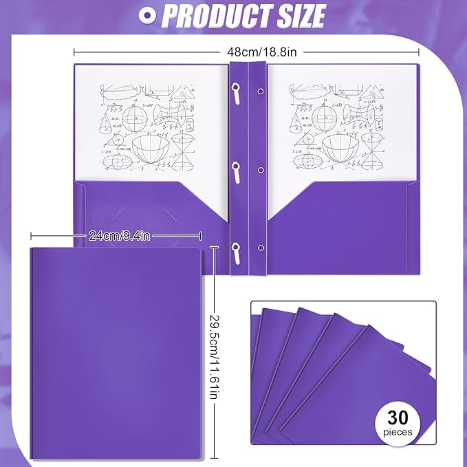 Yeaqee 30 Pcs Plastic Folders with Pockets and Prong Plastic Folders with 2 Pockets Pocket for Office, School for Students, Teachers, Office Workers (Purple)