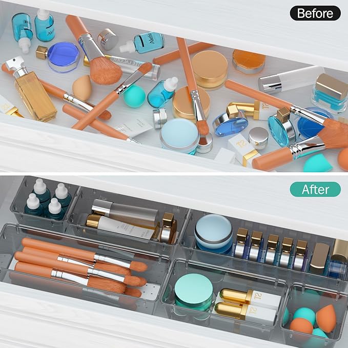 WOWBOX 6 Pack Clear Drawer Organizer Set, Acrylic Drawer Storage Trays, Storage Bins for Makeup, Cosmetics, Jewelries, Utensils, Gadgets, Office, Black