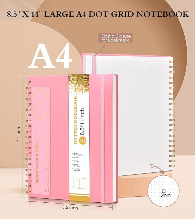 Dotted Notebook, Spiral Notebook Journal 8.5” x 11”, A4 Large Dot Grid Notebooks for Women Men, 100 GSM Dotted Paper, Plastic Hardcover Spiral Bullet Dotted Journals for Work School Sketching, Pink