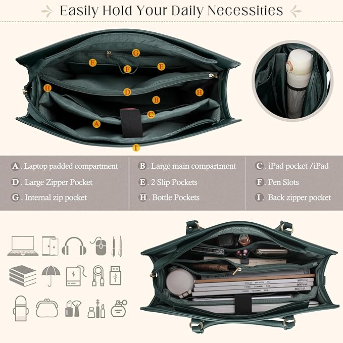 RAINSMORE Laptop Bag for Women 15.6 Inch Waterproof Leather Computer Tote Bag Professional Business Office Work Bags Briefcase Large Capacity Lightweight Women Handbag Shoulder Bag, Dark Green