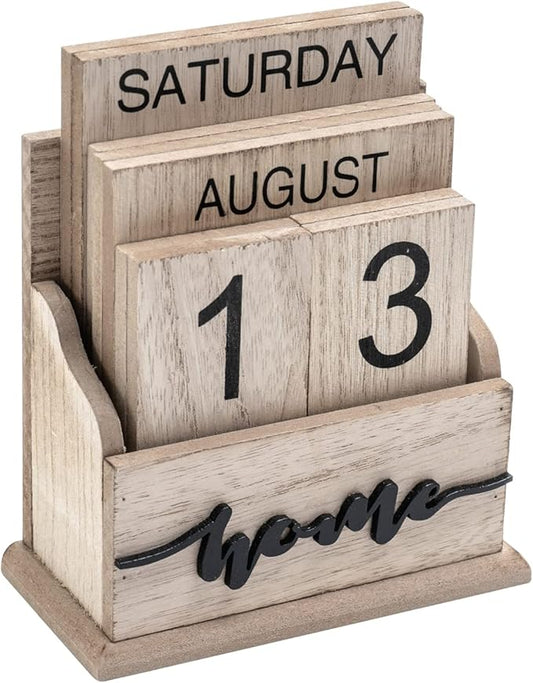Notakia Perpetual Calendar Wooden Calendar Blocks Vintage Wood Block Calendar for Home Office Desk Accessories Week Month Date Display (Wood Color Home)