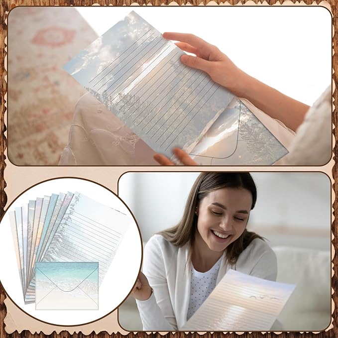 TaoBary 160 Packs Stationery Paper Set (50 Double Sided Stationery Writing Papers 50 Matching Envelopes) 60 Round Dot Sticker, 10 Design(Scenic Nature,5.5 x 8.25 Inch)