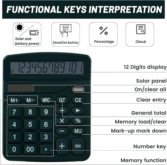Golcellia Calculators Desktop, Dark Green Calculator, Cute Calculator 12 Digit Desk Calculator Large Display, Dual Power Solar Battery, Office Home School Supplies for Adults & Students
