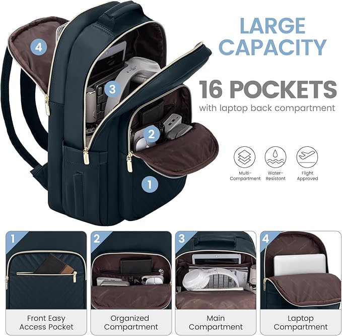 LOVEVOOK Leather Backpack for Women,15.6 inch Leather Laptop Backpack Women Computer Backpack Laptop Bag,Stylish Quilted Travel Backpack Purse Work Bag Teacher Backpack with USB Port,Dark Blue-green