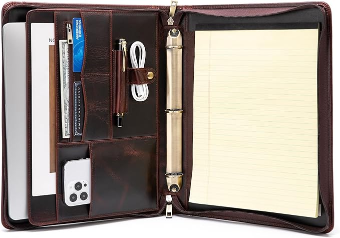 YIWEN Handmade Crazy-Horse Leather 3 Ring Binder Portfolio Padfolio Folder with Zipper for Men and Women, Business Organizer for Letter A4 Size for Meeting and Travel (Non-custom, Oil Wax-Dark Brown)