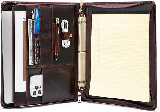 YIWEN Handmade Crazy-Horse Leather 3 Ring Binder Portfolio Padfolio Folder with Zipper for Men and Women, Business Organizer for Letter A4 Size for Meeting and Travel (Non-custom, Oil Wax-Dark Brown)