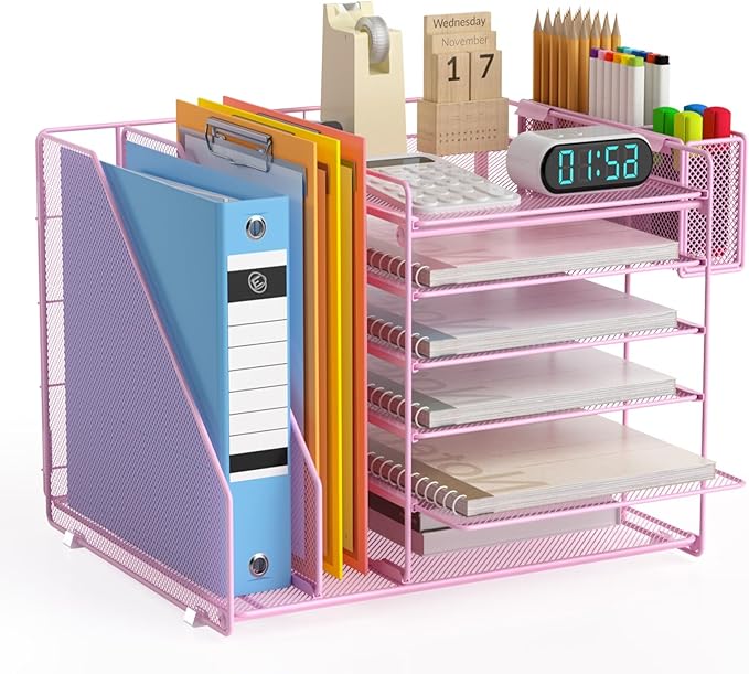 File Organizer for Desk, 6 Tier Desk Organizer Paper Tray with File Holder Pen Holder, Mesh Office Desk Accessories & Workspace Organizers (Pink)