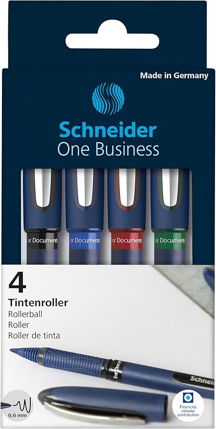 Schneider One Business Rollerball Pen, 0.6 mm Ultra-Smooth Tip, Blue Barrel, Four-Pack, One Each of: Black, Red, Blue, Green (183094)