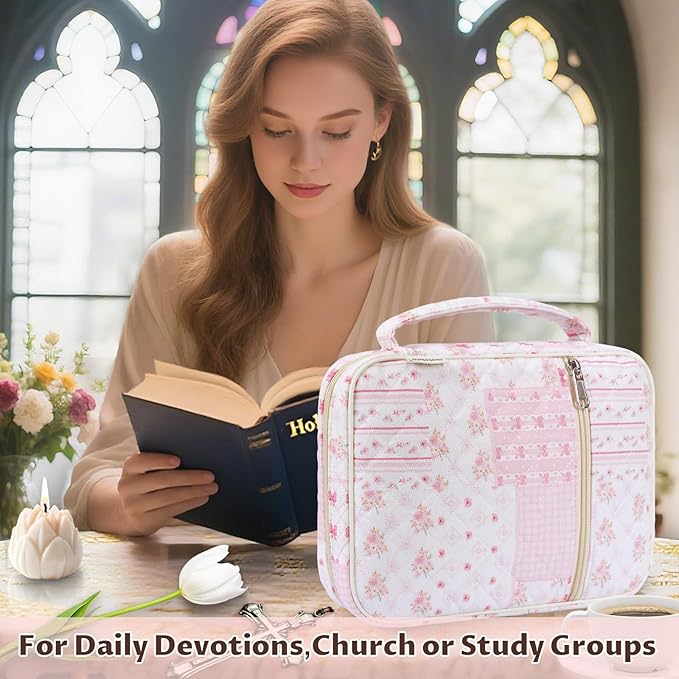 shirabags Quilted Bible Cover Case for Women - Elegant Cotton Bible Bag for Study, Church, Christian Gifts for Women (Pink Bow Patchwork, M)