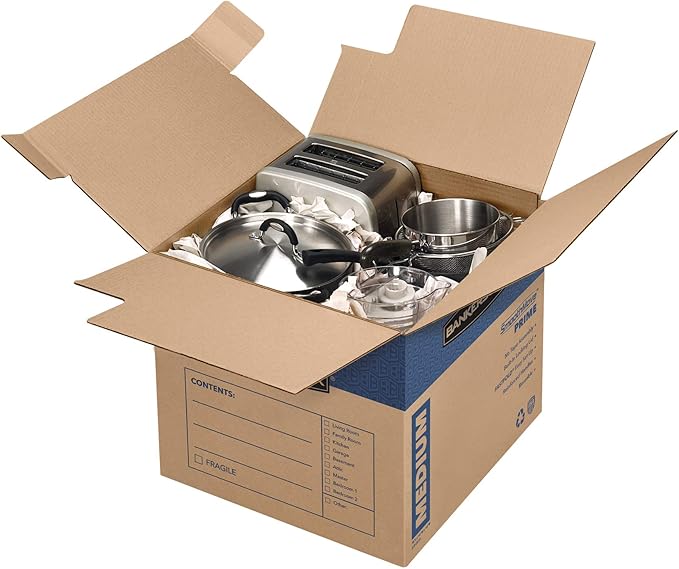 Bankers Box Medium Prime Moving Boxes, Tape-Free FastFold with Reinforced Handles and Attached Locking Lid (Pack of 15)