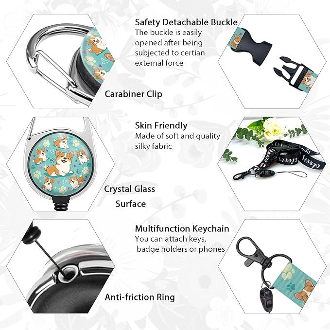 Giancomics Cute Corgi Lanyards for Id Badges, ID Badge Holder with Lanyard Badge Reel Retractable, Teacher Lanyard with ID Holder Keychain Clip Name Tag ID Card Holder for Women Gift