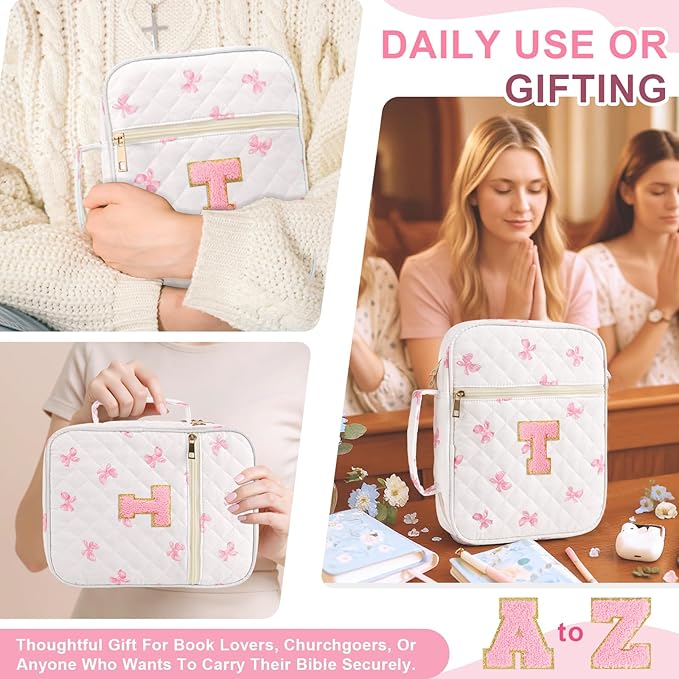 Personalized Initial Bible Cover Case for Women Girls Kid - Large Quilted Bible Case with Handle, Stylish Chenille Letter Bag Study Supplies, Perfect Christmas Gifts for Christians Women (Pink Bow-T)