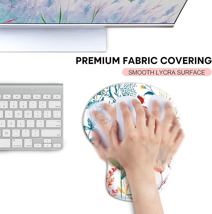 JIKIOU Mouse Pad, 2 Pack Ergonomic Mouse Pads with Comfortable Gel Wrist Rest Support and Lycra Cloth, Non-Slip PU Base for Easy Typing Pain Relief Durable and Easy to Clean Small White Flowers