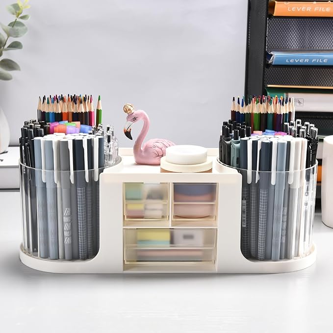 Rotating Desk Organizer with 2 Pen Holder, Desk Organizers and Accessories with 10 Slots Pencil Holder for Desk + 3 Drawer, Art Supply Storage Box Caddy for Office School Home (White)