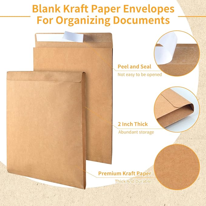 Expandable Envelopes 10x13x2 Large Kraft Envelopes 10x13 Catalog Envelopes Peel and Seal for Home Office Business Storage and Organizing (100)