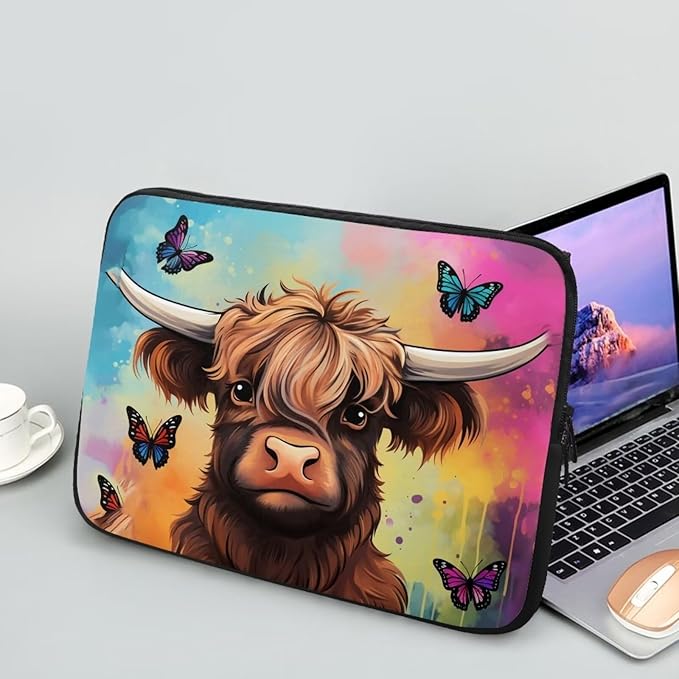 Highland Cattle Laptop Protective Sleeve for Women Men 10 inch Durable Computer Sleeve Neoprene Lap Top Case Portable Computer Carrying Case Suitable for Travel Office Pouch Butterfly