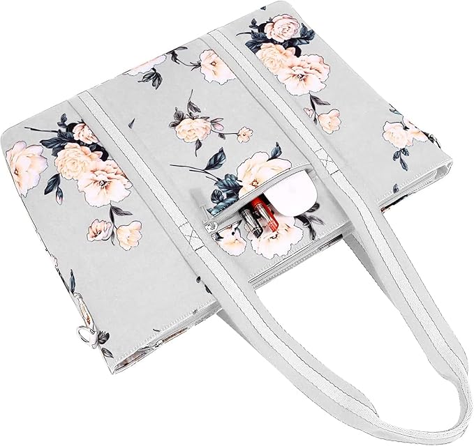 MOSISO Laptop Tote Bag for Women (17-17.3 inch), Canvas Camellia Multifunctional Work Travel Shopping Duffel Carrying Shoulder Handbag, Grey