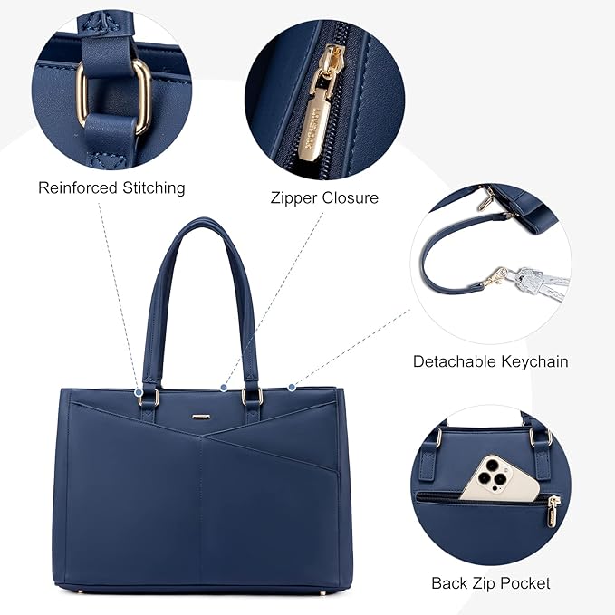 LOVEVOOK Laptop Bag for Women 15.6 Inch Tote Bags Waterproof Leather Briefcase Computer Women Business Office Work Bag,Navy Blue