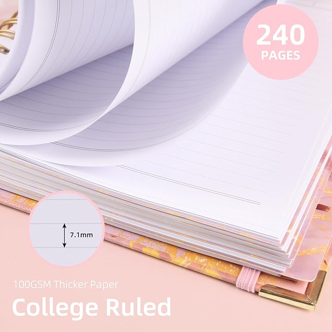 Spiral Notebooks for Work, 240 Pages Lined Spiral Journal Notebook, 5 Subject A5 College Ruled Journals for Writing, 8.6”x6.2''Journaling Notebooks for School Office Supplies (Pink Marble)