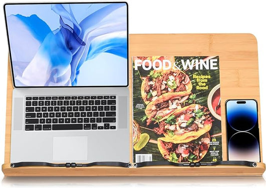 wishacc 24" Oversized Large Bamboo Book Stand & Holder for Reading Hands Free for Large Books in Bed,Cookbook,Textbook,Law,with 8 Adjustable Height Laptop Stand