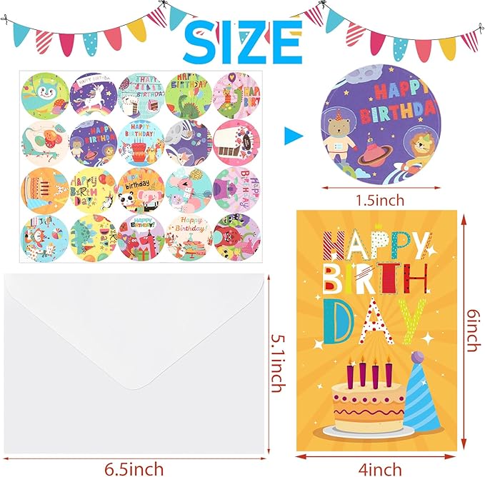 Harloon 200 Pack Happy Birthday Card Assorted Bulk with Blank Envelopes and Stickers 4 x 6 Inches Greeting Blank Happy Birthday Cards for Men Women Adults Kids, 20 Styles(Cartoon Style)