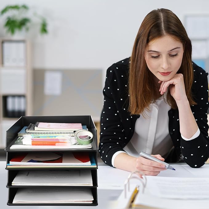 Wenqik 6 Pcs Stackable Paper Trays Rectangular Plastic Desk Tray Holder Desktop Document File Paper Organizer Plastic Storage Letter Tray for Office Classroom, Black