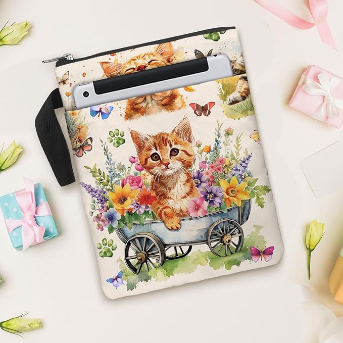 Book Sleeve Gift for Book Lovers. Cover With Zipper and Front Pocket. Washable Fabric 11 X 8.5 Inch Padded Bag. Cat Flower Garden.