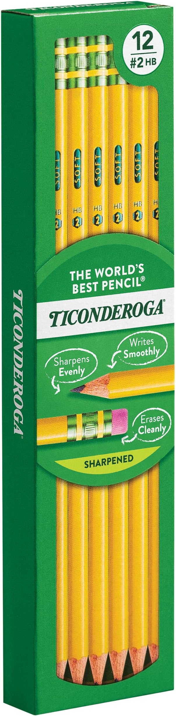 Ticonderoga Wood-Cased Pencils, Pre-Sharpened, 2 HB Soft, Yellow, 12 Count