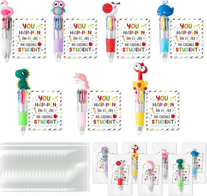 ANGOLIO 84Pcs End of Year Student Gift Includes Cute Cartoon 4 in 1 Multicolor Retractable Ballpoint Pen with Gift Cards for Kindergarten Party Gifts Bulk for School Exchange Gift