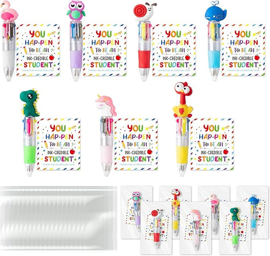ANGOLIO 84Pcs End of Year Student Gift Includes Cute Cartoon 4 in 1 Multicolor Retractable Ballpoint Pen with Gift Cards for Kindergarten Party Gifts Bulk for School Exchange Gift