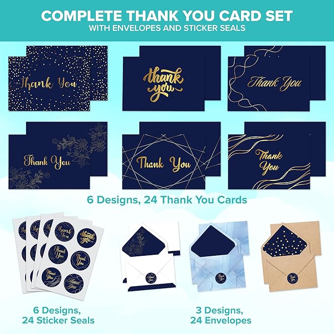 Decorably 24 Pack Gold-Foiled 6x4in Blue and Gold Thank You Cards with Envelopes and Stickers, 24 Stylish Designs Navy Thank You Cards, Blank Inside - Birthday, Wedding, Anniversary