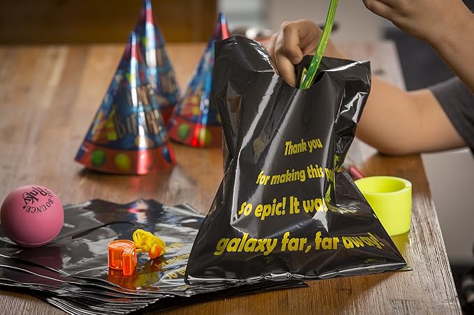 L LIFETIME Party Favor Plastic Goodie Bags with Handles- Theme Birthday Supplies Gift Bag for Kids and Adults – Galaxy (24 Pack)