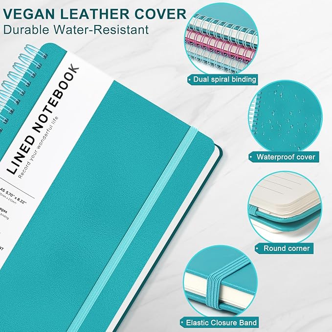 Turquoise Lined Spiral Journal Notebook with 160 Pages, 8×5.7in, A5 Spiral Notebook, Journaling Notebooks for Work, School, Women, Men, College Ruled Spiral Notebook, Hardcover Leather Journals