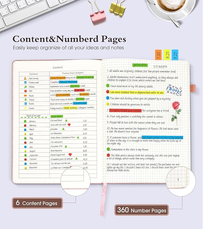 Graph Paper Notebook Journal, 360 Numbered Pages Grid Notebooks 8.5 x 11, Thick 100gsm Paper Graphing Journals for Women Men, A4 Large Hardcover Graph Leather Journals for Writing Pink