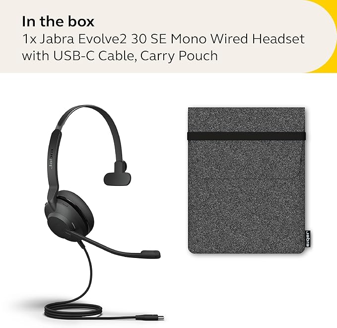 Jabra Evolve2 30 SE Wired Mono Noise-Cancelling Headset - Features 2-Mic Call Technology and USB-C Cable - Works with All Leading Unified Communications Platforms Such as Zoom and Google Meet - Black