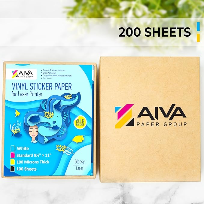Printable Vinyl Sticker Paper for Laser Printer - Glossy White - 200 Self-Adhesive Sheets - Waterproof Decal Paper - Standard Letter Size 8.5"x11"