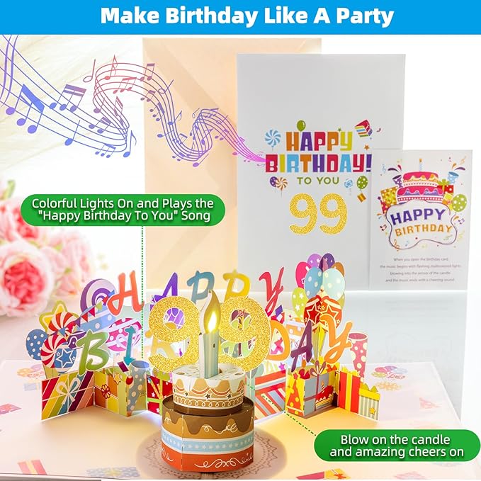 Gumry 99TH Musical Birthday PopUp Card, Blowable Colorful Light Candle 3D Cards with Song, Applause Cheers Sound, Greeting Cards Birthday Gifts Decorations for Women Men Turning 99 Years Old