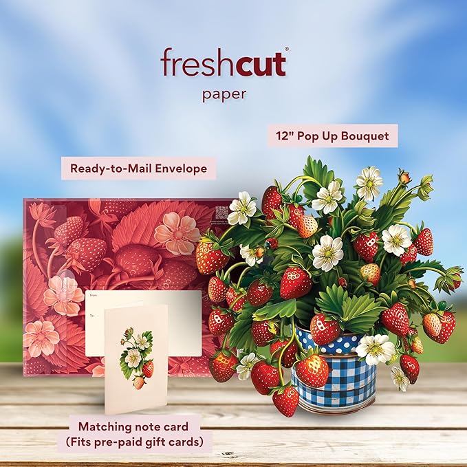 Freshcut Paper Pop Up Cards, Strawberry Blossom, 12 Inch Life Sized Forever Flower Bouquet 3D Popup Greeting Card, Birthday Cards, Anniversary Card, Blank Notecard & Envelope