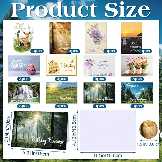 36 Set 4 x 6 Inch Religious Birthday Cards Bulk with Scripture Christian Birthday Cards with Envelopes Faith Based Greeting Blessings Boxed Assortment Gift(Landscape)