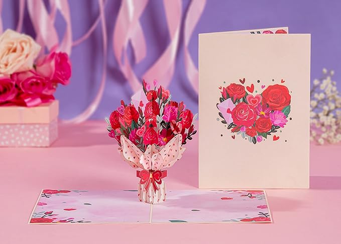 Paper Love 3D Pop Up Card, Love Flower Bouquet Pop-Up Cards, for Birthday, Anniversary, Mothers Day, Thank You, Get Well, All Occasion - 5" x 7" Cover - Includes Envelope and Note Tag