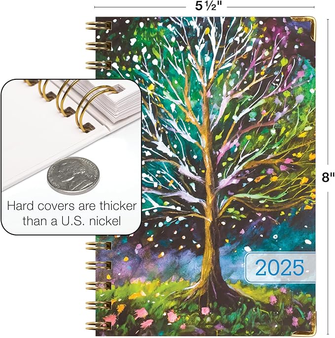 HARDCOVER 2025 Planner, 5.5"x8": 14 Months (November 2024 - December 2025), Daily Weekly Monthly Planner, Yearly Agenda, Bookmark, Pocket Folder and Sticky Note Set (Black Tree Seasons)